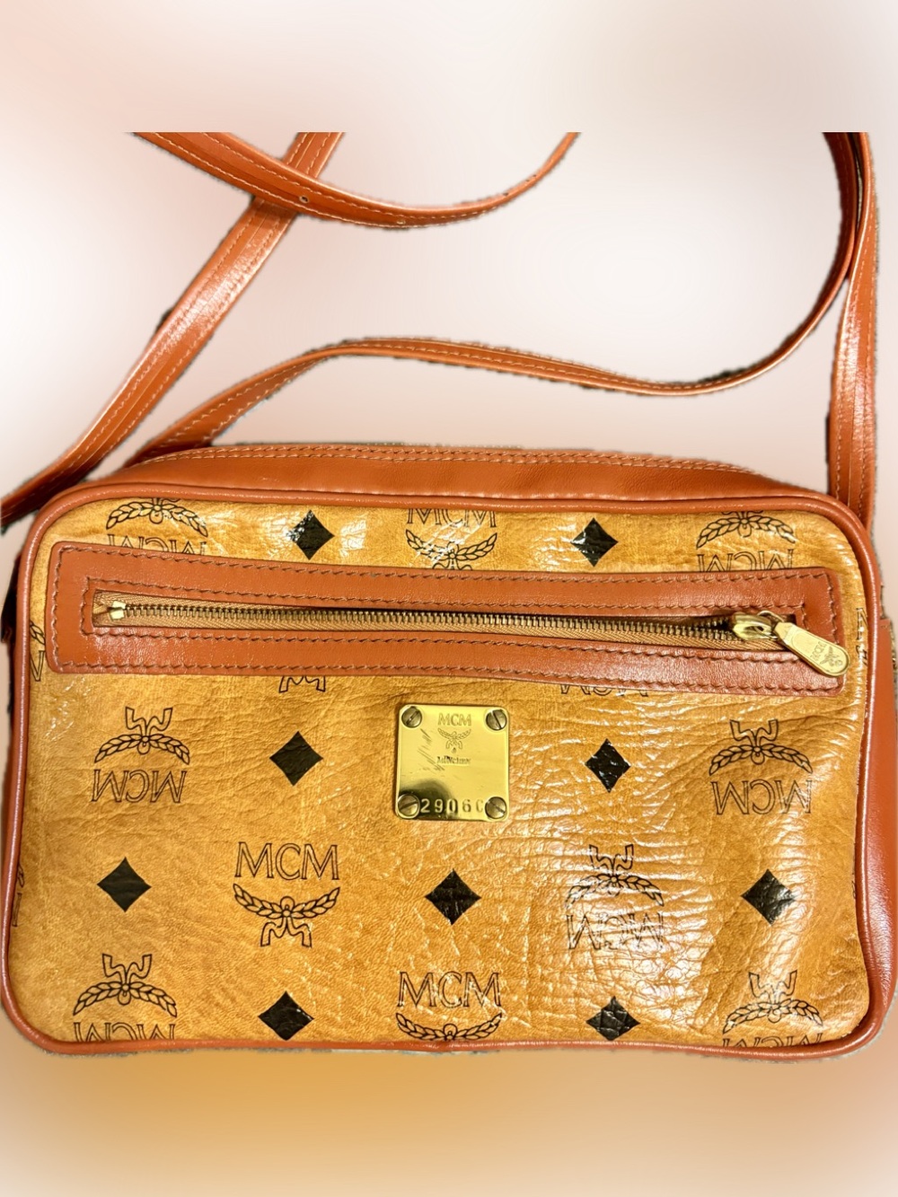 MCM Cognac Logo Visetos Crossbody Bag with Gold Hardware